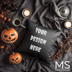 Pillow Mockup White Spun Polyester Square Pillow Mockup Halloween Mockup Home Interior Mockup Stock Photography Flat Lay MockUp Throw Pillow