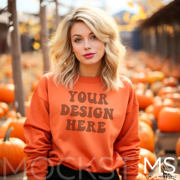 Orange Sweater Mockup Gildan 18000 Mockup Gildan Orange Sweatshirt Mockup Stock Photography SVG Mockup JPG Digital Download Model Mockup