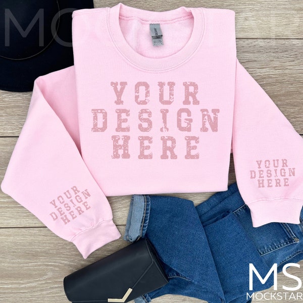 Pink Gildan 18000 Sleeve Mockup Gildan Pink Sweatshirt Wrist Mockup Pink Gildan 18000 Cuff Mockup Bundle Digital Download Flatlay Mock ups