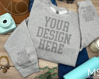 Sport Grey Gildan 18000 Sleeve Mockup Gildan Grey Sweatshirt Wrist Mockup Gray Gildan 18000 Cuff Mockup Bundle Grey Gildan Flatlay Mock ups