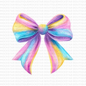 May include: A large, colorful bow with a rainbow glitter pattern. The bow is tied in a knot and the ends are flowing down. The bow is made of a soft, silky material.