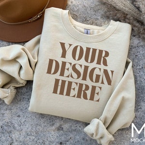 Gildan 18000 Sand Mockup Gildan Sand Sweatshirt Flat Lay Mockup Model Mockup Sand Gildan 18000 Mockup Bundle gildan 18000 sand mock ups sand