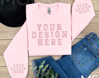 Pink Gildan 18000 Sleeve Mockup Gildan Pink Sweatshirt Wrist Mockup Pink Gildan 18000 Cuff Mockup Bundle Digital Download Flatlay Mock ups