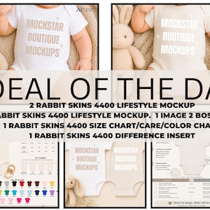 Könnte beinhalten: Ein digitales Produktpaket mit zwei Babybodys mit dem Text MOCKSTAR BOUTIQUE MOCKUPS, einem Plüschhasen, einer Größen- und Farbtabelle sowie einem Rabbit Skins 4400 Vergleichsblatt. Das Set enthält Lifestyle-Mockups und Informationsblätter.