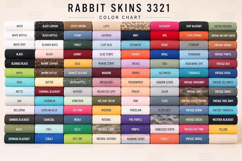 Rabbit Skins Color Chart Mockup 105 Colors T Shirt Color Guide POD ...