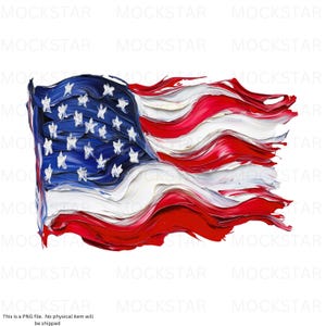 May include: A painting of an American flag in red, white, and blue with a brushstroke effect. The flag is waving in the wind.