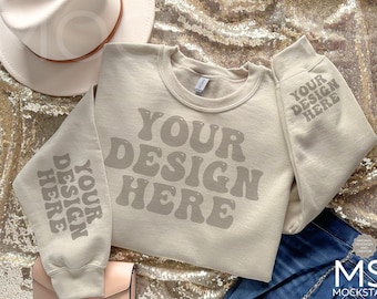 Sand Gildan 18000 Sleeve Mockup Gildan Sand Sweatshirt Flat Lay Wrist Mockup Bundle Sand Gildan 18000 Cuff Mock up Bundle Gildan Sand MockUp