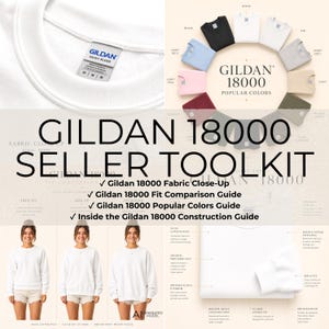 May include: A Gildan 18000 seller toolkit graphic featuring a white crewneck sweatshirt, a color palette of various sweatshirt shades, and a fit comparison guide. The text includes Gildan 18000 Seller Toolkit, fabric close-up, and construction details.