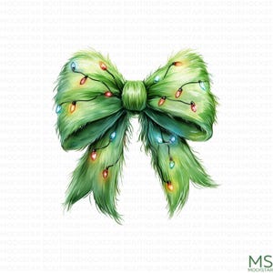 May include: A green fuzzy bow with colorful lights strung through it. The bow is tied in a knot and the ends are flowing down.