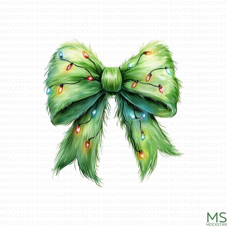 May include: A green fuzzy bow with colorful lights strung through it. The bow is tied in a knot and the ends are flowing down.
