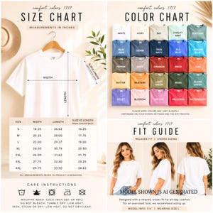 以下が含まれることがあります： Comfort Colors 1717 Tシャツのサイズチャート、カラーチャート、フィットガイド。画像には、インチ単位の寸法が記載された白いTシャツ、20色のカラーサンプルのグリッド、および衣類の取り扱い説明書が表示されています。