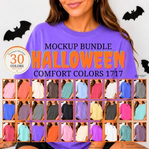 May include: A purple t-shirt featuring the text MOCKUP BUNDLE HALLOWEEN COMFORT COLORS 1717, displayed above a grid of thirty smaller t-shirts in various colors, with black bat silhouettes positioned in the upper corners of the image.