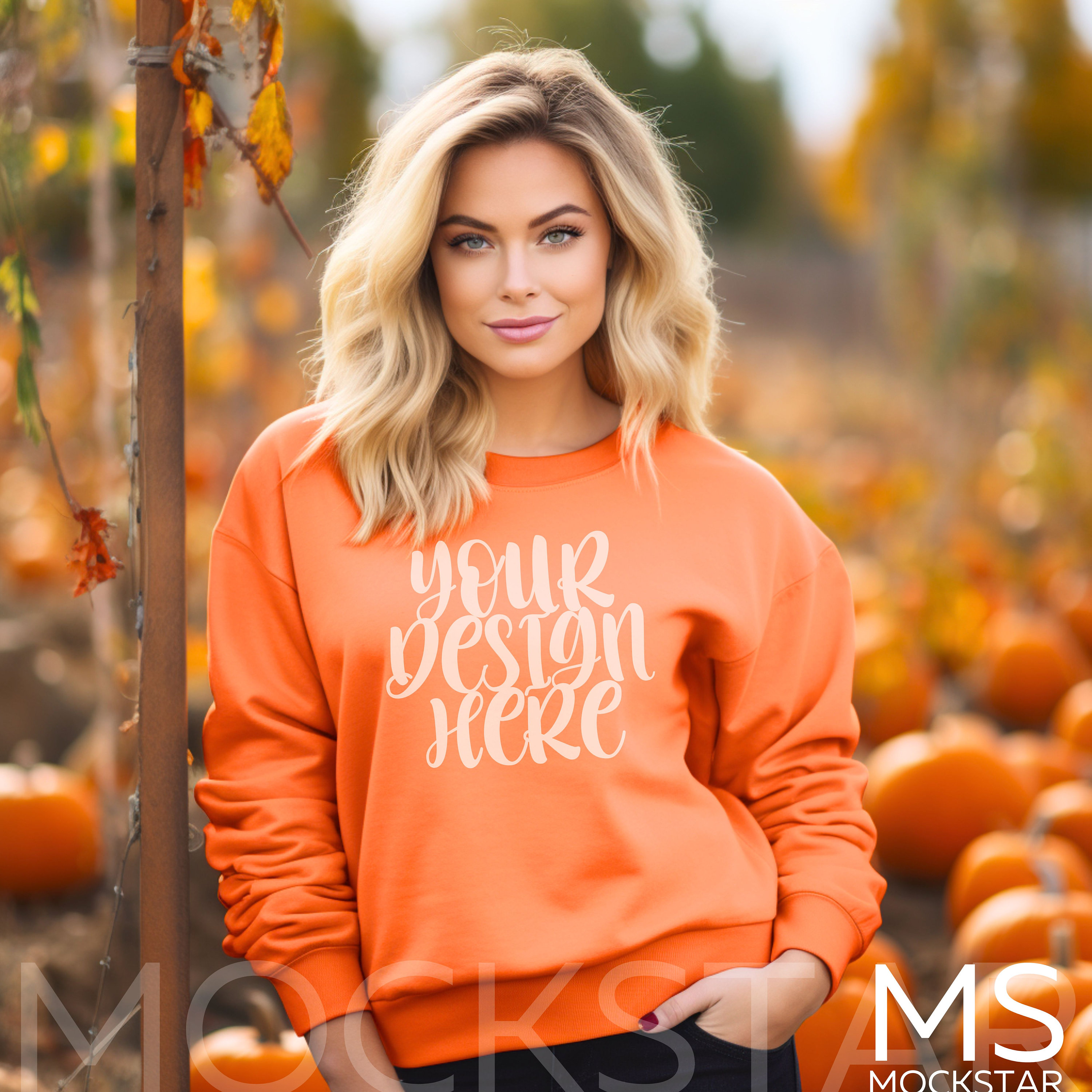 Orange Sweater Mockup Gildan 18000 Mockup Gildan Orange Sweatshirt Mockup  Stock Photography SVG Mockup JPG Digital Download Model Mockup 