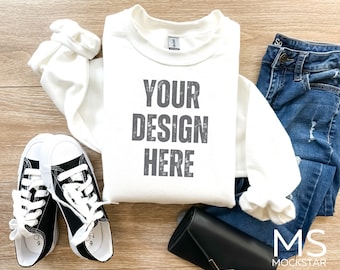WHITE Gildan 18000 Mockup Gildan Sweatshirt Mockup Sweatshirt Flat Lay Mockup Gildan White 18000 Simple Gildan 18000 Mockup Bundle Mock ups