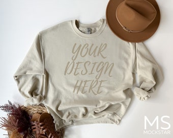 Sand Sweater Mockup Gildan 18000 Mockup Gildan Cream Sweatshirt Mockup Stock Photography  Mockup JPG Digital Download Model Mockup G18000