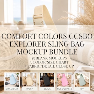May include: A Comfort Colors CCSBO Explorer sling bag mockup bundle featuring 15 blank mockups, 3 color/size charts, and 3 fabric/detail close-ups. The image displays a cream-colored sling bag with a plastic buckle and five small color variations.