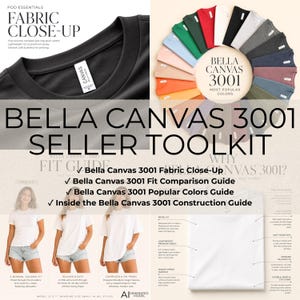 May include: A Bella Canvas 3001 seller toolkit graphic featuring a black t-shirt close-up, a circular color palette of various t-shirt shades, and three models demonstrating retail, relaxed, and oversized fits with descriptive text labels.