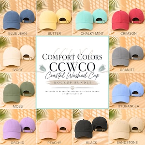 May include: A collection of twelve baseball caps in various colors including blue jean, butter, chalky mint, crimson, ivory, granite, moss, hydrangea, orchid, peachy, black, and sandstone, featuring the text Comfort Colors CCWCO Coastal Washed Cap.