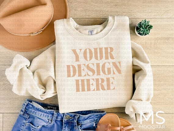 Gildan 18000 Sand Mockup Gildan Sand Sweatshirt Flat Lay Mockup Bundle Sand Gildan 18000 Model Mockup gildan 18000 sand mock ups sand gildan