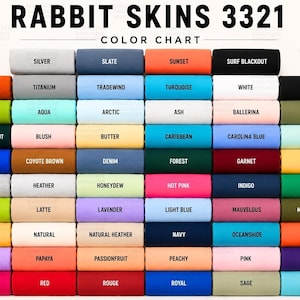 May include: Color chart titled "RABBIT SKINS 3321" displaying a variety of fabric colors. Colors include Silver, Slate, Sunset, Surf Blackout, Texas Orange, Titanium, Tradewind, Turquoise, Apple, White, Black, Aqua, Arctic, Ash, Ballerina, and Basil.