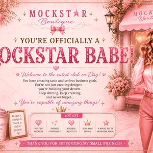 Peut inclure: Un graphique promotionnel rose pour Mockstar Boutique avec le texte YOU'RE OFFICIALLY A MOCKSTAR BABE! accompagn&eacute; d'illustrations d'un sac de shopping, d'un gobelet, d'un cadre et d'une personne portant un chapeau et des v&ecirc;tements roses.