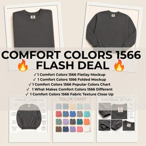 May include: A digital product bundle featuring Comfort Colors 1566 crewneck sweatshirts in charcoal gray. The display includes a flatlay mockup, a folded mockup, a color chart with twenty-five variations, and a detailed view of the fabric texture.