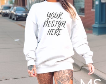 White Gildan 18000 Mockup Gildan 18000 White Sweatshirt Mockup Oversized White Hoodie Mockup Model Mockup Bundle Gildan 18000 Mock up tshirt