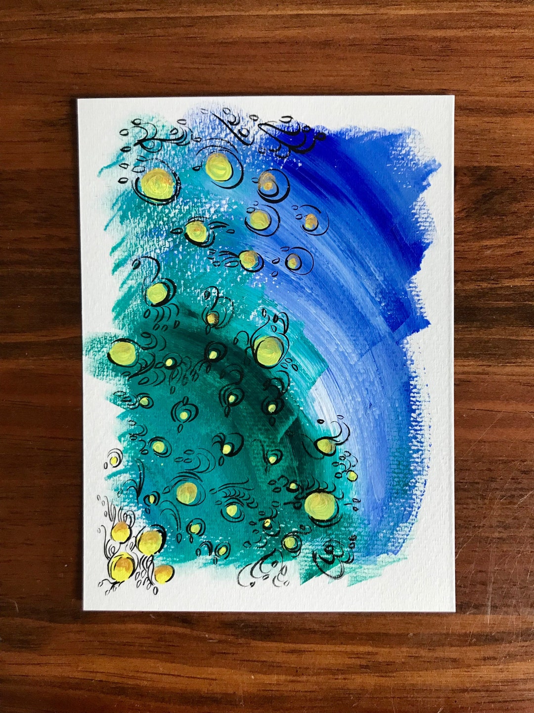 ORIGINAL Abstract Painting of Yellow Circles on a Blue-green Background ...
