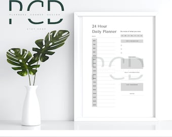 May include: A white framed printable daily planner with the text "24 Hour Daily Planner" and "Do more of what you love". The planner includes sections for date, top 3 priorities, reminders, daily affirmations, for tomorrow, and notes.
