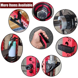 May include: A set of black and red weightlifting accessories for a home gym. The set includes a water bottle holder, a barbell collar, a pair of weightlifting straps, and a pair of weightlifting grips.
