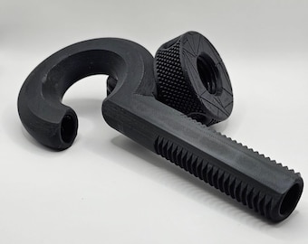 May include: A black plastic hook with a threaded knob. The hook is designed to be attached to a surface and has a textured grip.