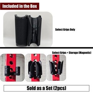 May include: Two black weightlifting grips with a textured surface. The grips are shown in two different positions, one with the grips attached to a red weight rack and the other with the grips detached. The text "Select Grips Only" and "Select Grips + Storage (Magnetic)" is visible in the image. The text "Sold as a Set (2pcs)" is also visible in the image.