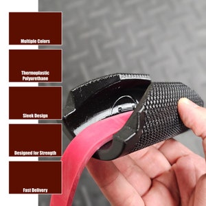 May include: Black resistance band exercise tool with a textured grip. The tool is made of thermoplastic polyurethane and has a sleek design.