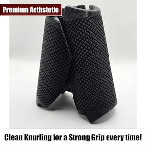 May include: Black 3D printed grip with a diamond pattern knurling. The knurling provides a strong grip.