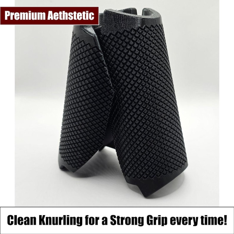 May include: Black 3D printed grip with a diamond pattern knurling. The knurling provides a strong grip.