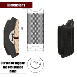 May include: A black resistance band anchor with a curved design to support the band. The anchor is 12.6 cm tall and 5.1 cm wide. The anchor has a textured surface and a small hole with a diameter of 3.2 cm.