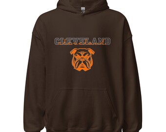 May include: A brown hooded sweatshirt with the word "CLEVELAND" in gray text and an orange bulldog graphic.