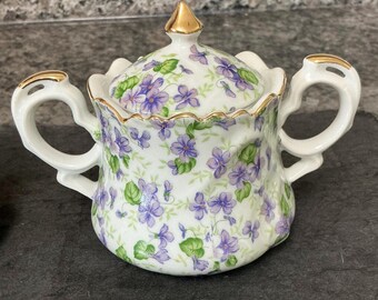 Creamer And Sugar Bowl Lefton China Violet Chintz Gold Gilded Trim Full Size Made In Japan Vintage