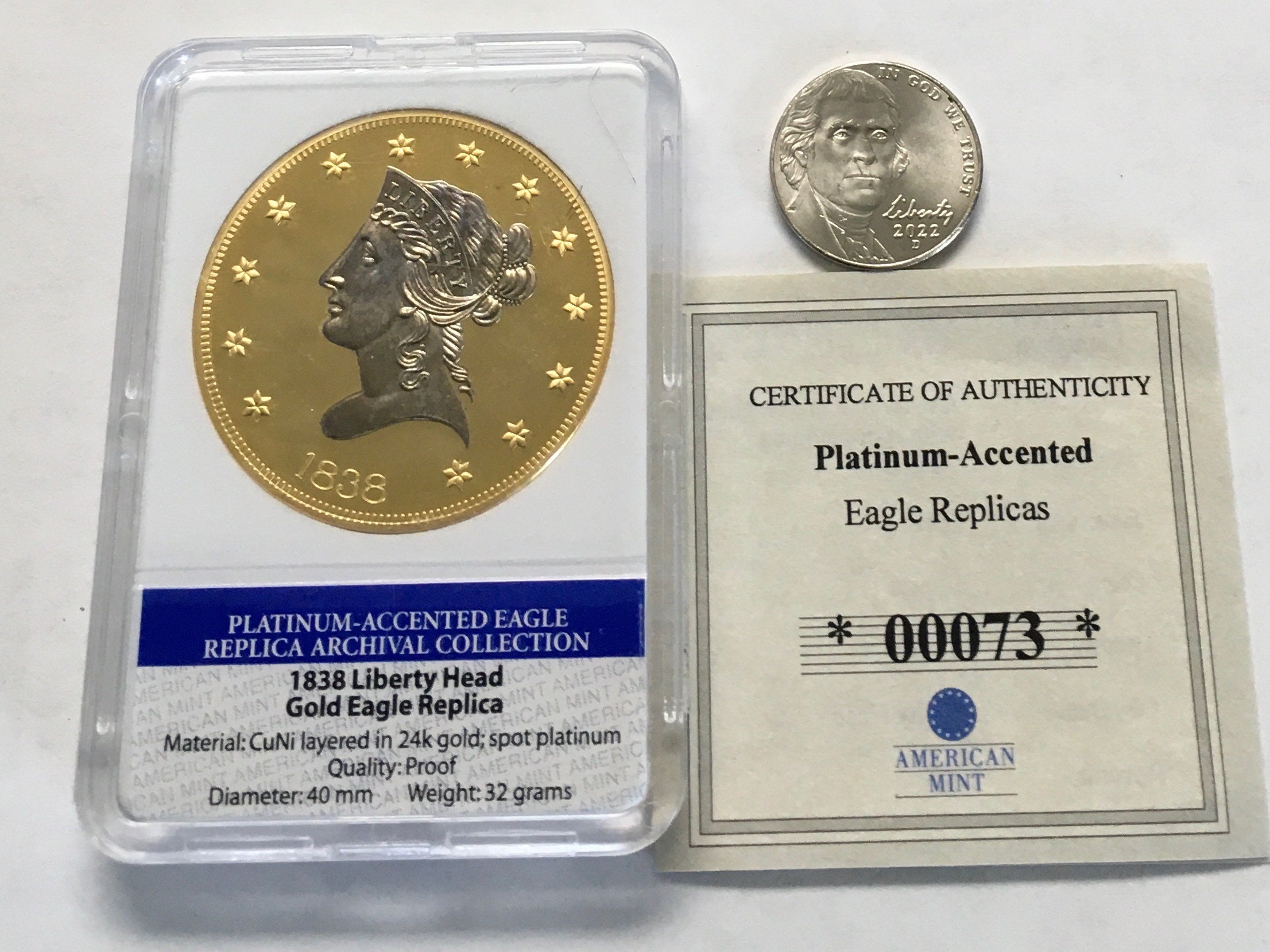 1838 Liberty Head Gold Eagle Replica (10 Dollars) Platinum Accented Proof  American Mint Coin - Etsy