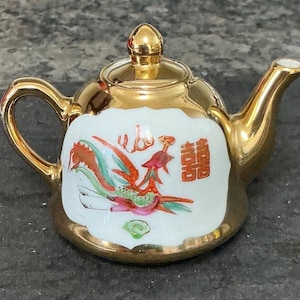 Vintage Tea Pot Miniature Size China Porcelain Hand Painted Dragon And Chinese Phoenix Colorful With 22 k Gold Design Discontinued