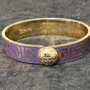 Vintage Coach Hinged Cuff Bracelet Greek Key Style Gold Tone And Purple Enamel Split Front Bangle