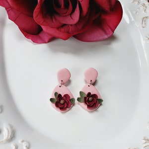Pink Floral Clay Earrings | Rose Floral Handmade Earrings