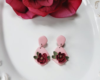 Pink Floral Clay Earrings | Rose Floral Handmade Earrings