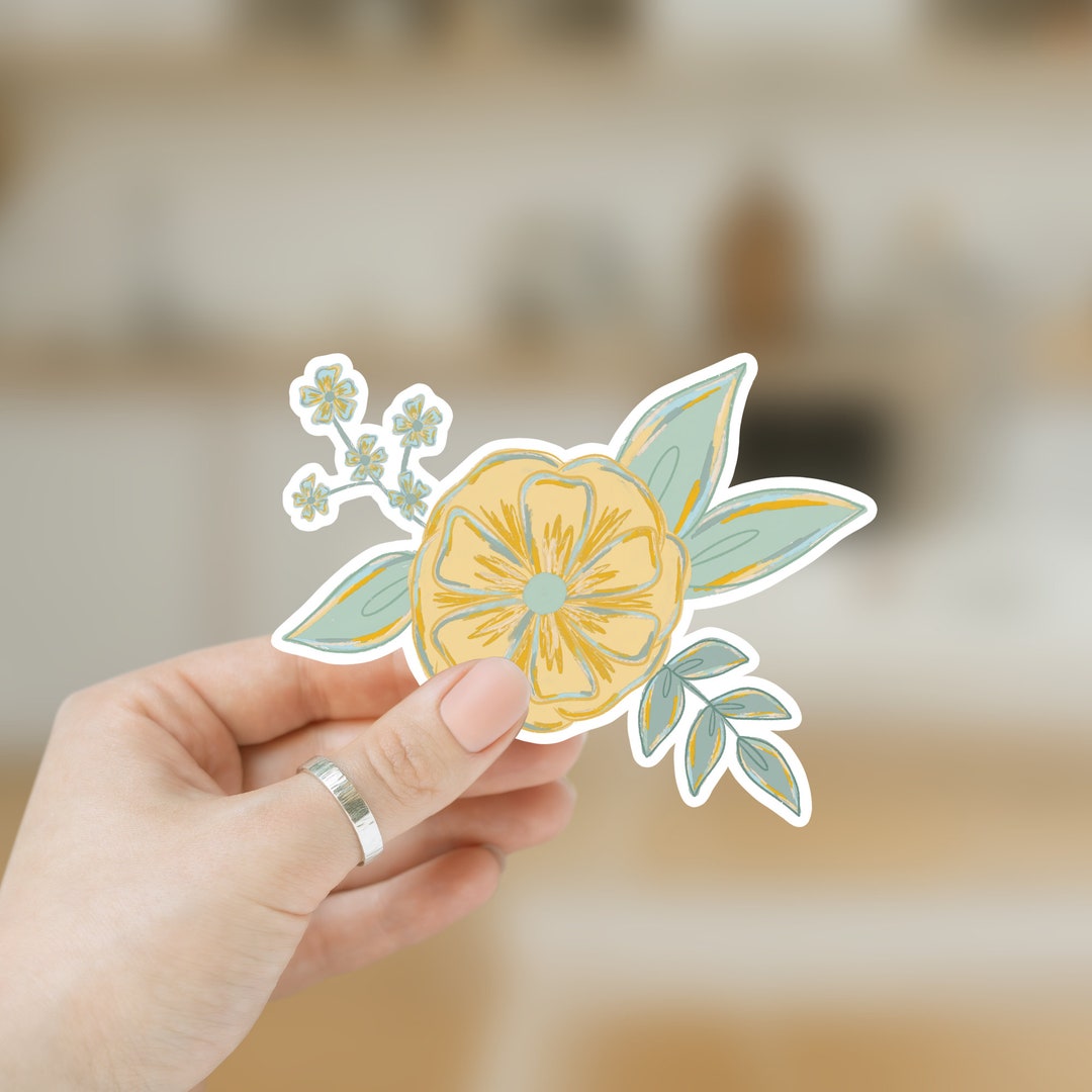 Pretty Yellow Sticker Yellow Painterly Floral Sticker | Waterproof Glossy Sticker | Cute ...