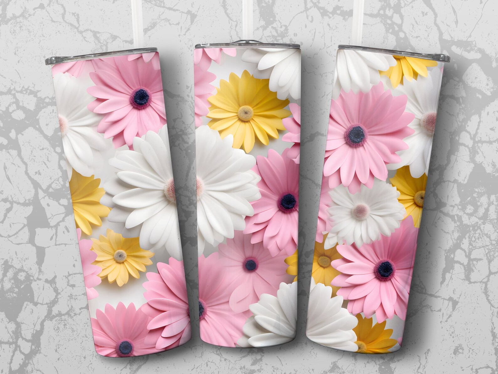 3D White Yellow Pink Daisies Seamless 20 Oz Skinny Tumbler Sublimation ...