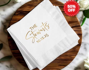Personalized Napkins, Cocktail Luncheon Napkins, Custom Foil Monogram Wedding Napkins, Engagement Anniversary Rehearsal Dinner Guest Napkins