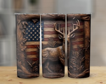 May include: Three stainless steel tumblers with a wood-carved design featuring an American flag and a deer. The tumblers are brown, red and white.