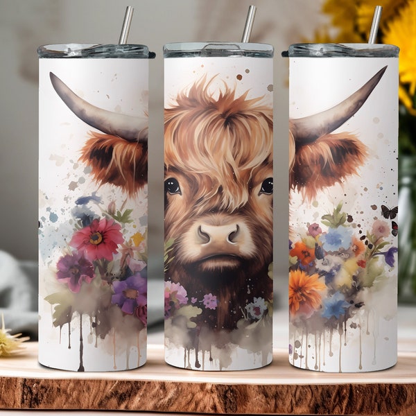 Cute Highland Cow 20oz Straight & Tapered Skinny Tumbler Sublimation Design | Instant Access PNG Download | Tumbler Wrap | Commercial Use