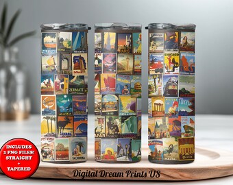 Vintage Travel Posters 20oz Tumbler Wrap: Printable PNG (Digital Download)
