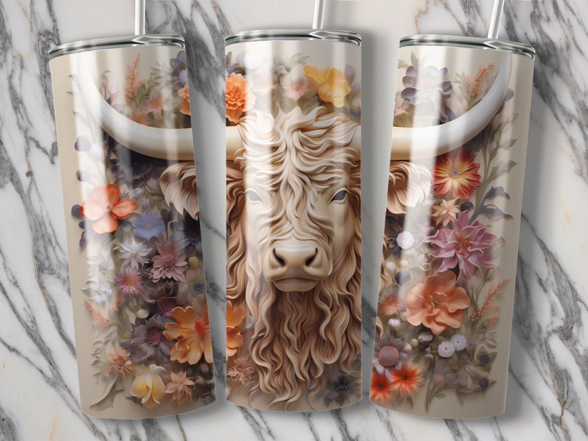 3D Highland Cow Floral 20oz Tumbler With Straw Beautiful Gift - Etsy